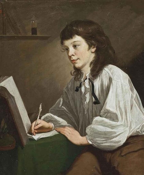 British School, 18th Century | Portrait of a boy, half-length, in a white  shirt seated at a table writing (18th Century) | MutualArt