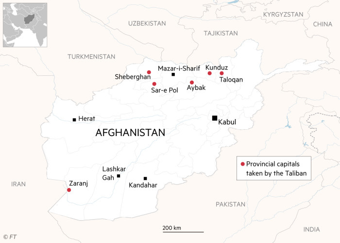 Map of Afghanistan showing provincial capitals taken by the Taliban as at August 9, 2021 