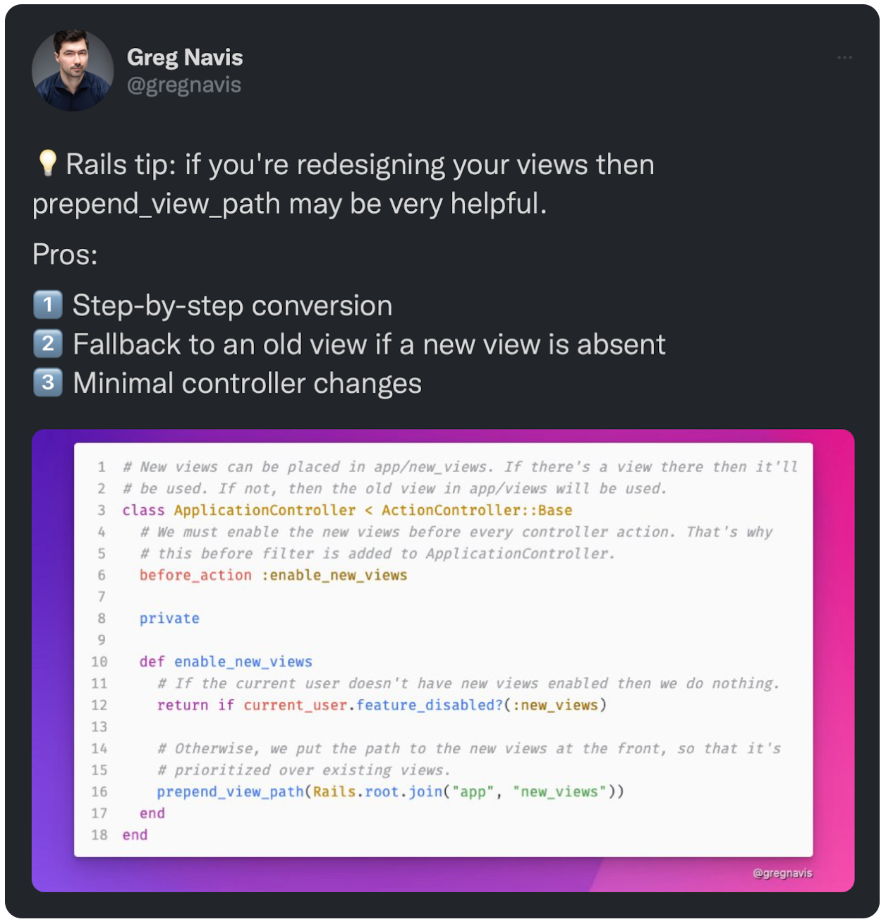 💡Rails tip: if you're redesigning your views then prepend_view_path may be very helpful. Pros: 1️⃣ Step-by-step conversion 2️⃣ Fallback to an old view if a new view is absent 3️⃣ Minimal controller changes 