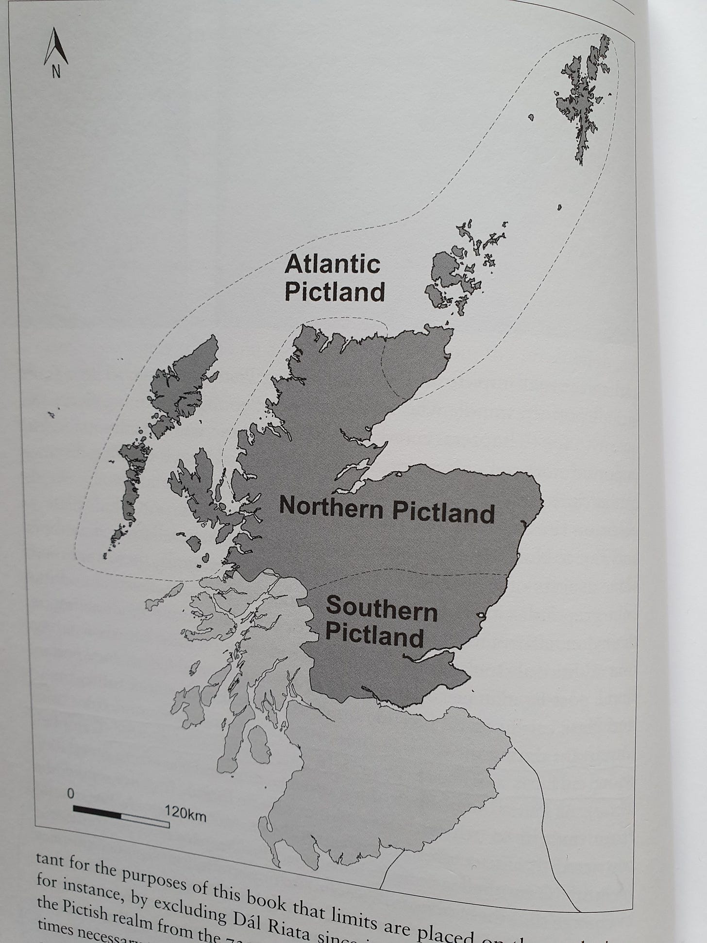 Map showing the tripartite division of Pictland used in the book, with southern Pictland (Fife, Perthshire, Angus), northern Pictland (Aberdeenshire, Moray, Invernessshire, Sutherland and Ross and Atlantic Pictland (Caithness, the Western Isles, Orkney and Shetland)