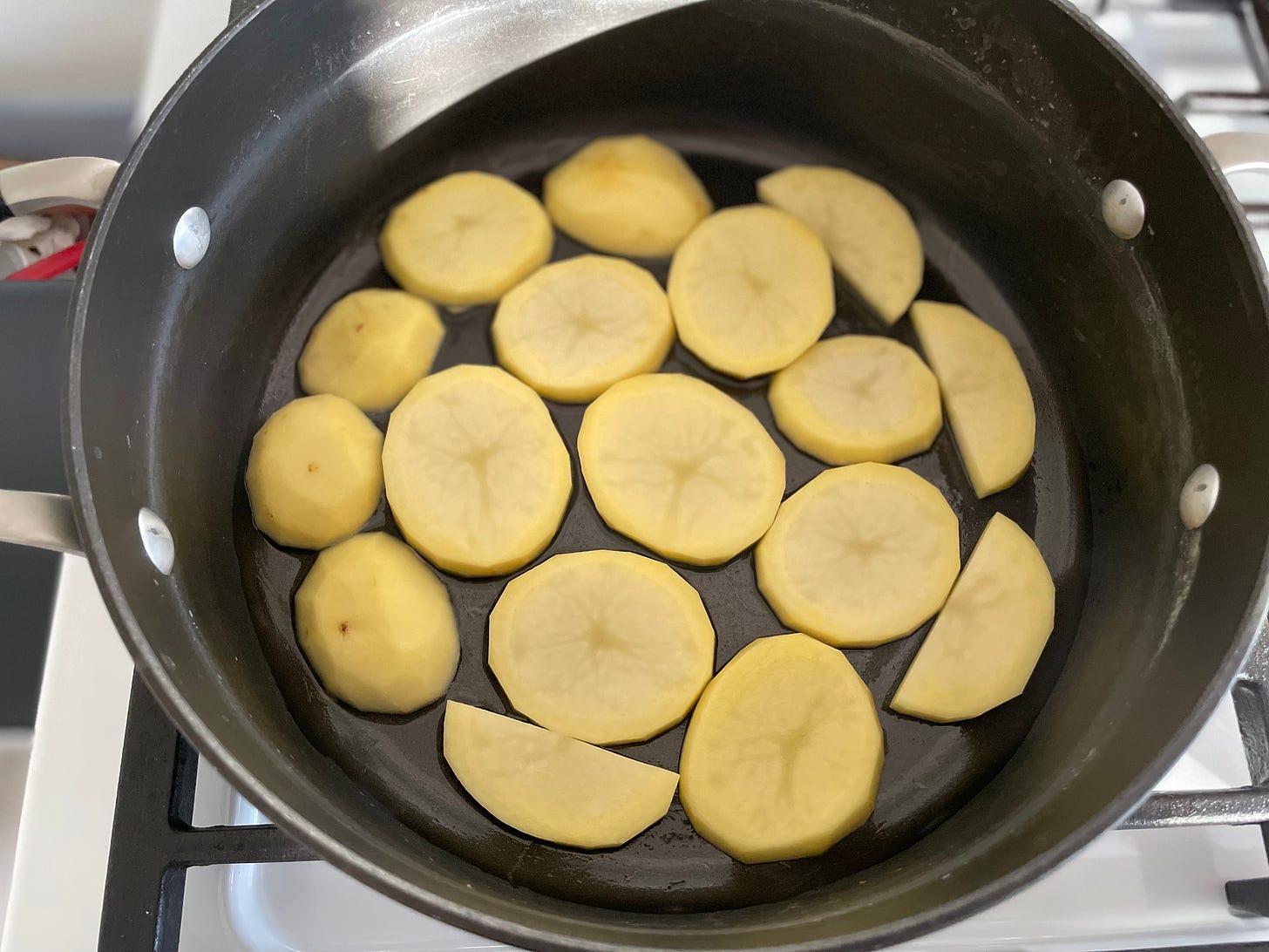 potato slices arranged on bottom of pot