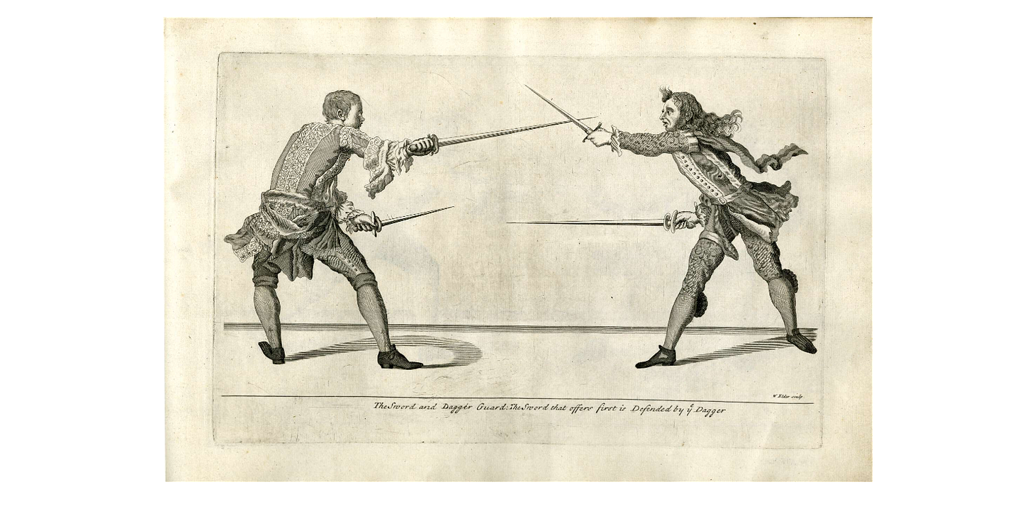 Old book illustration of two men dueling. Each man has a sword and dagger.