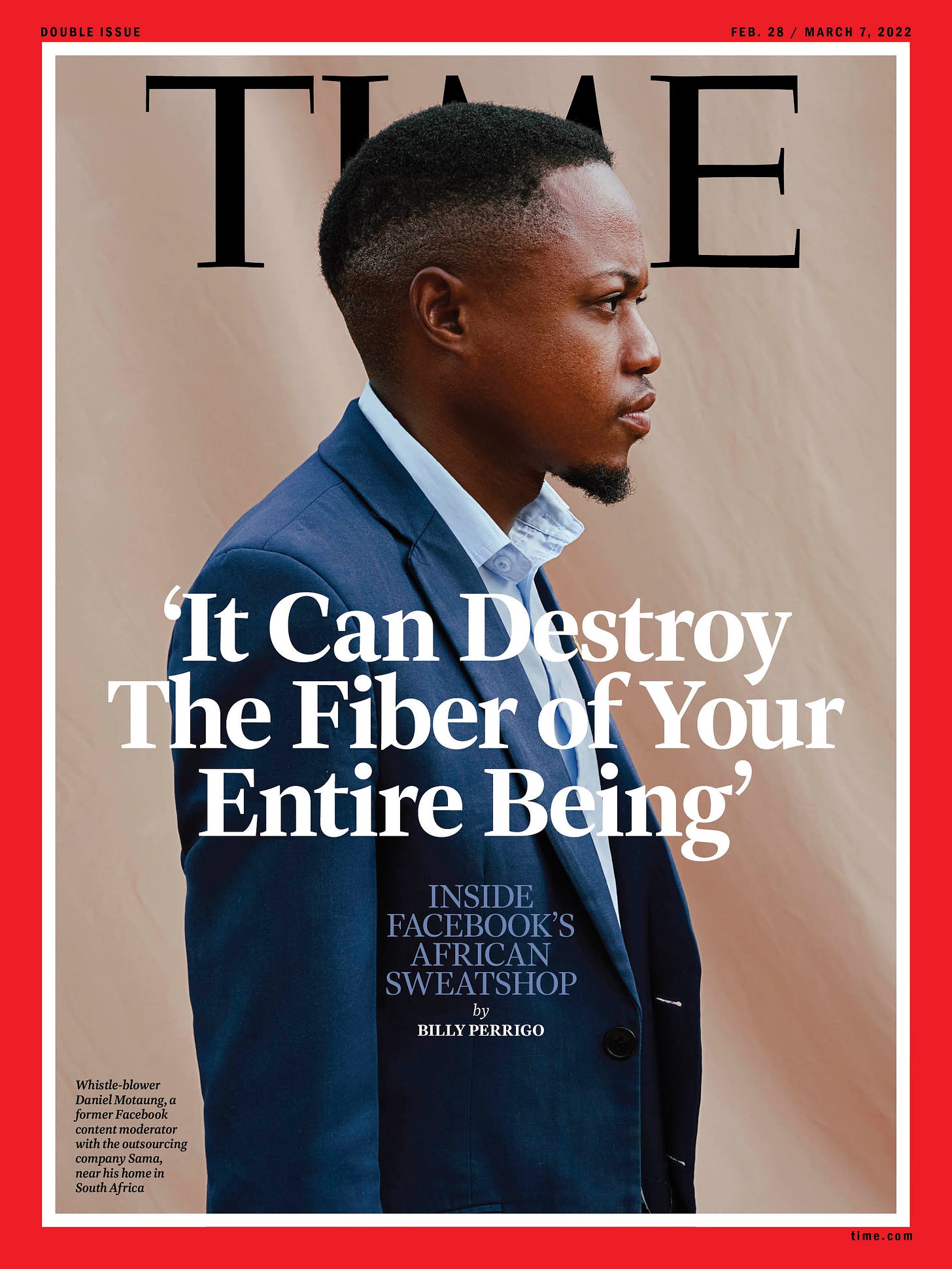 Billy Perrigo on Twitter: "New: Daniel Motaung is on the cover of this  week's issue of TIME. "It can destroy the fiber of your entire being."  Story here: https://t.co/wGHOVWVfyM https://t.co/HnCrFAaJoN" / Twitter