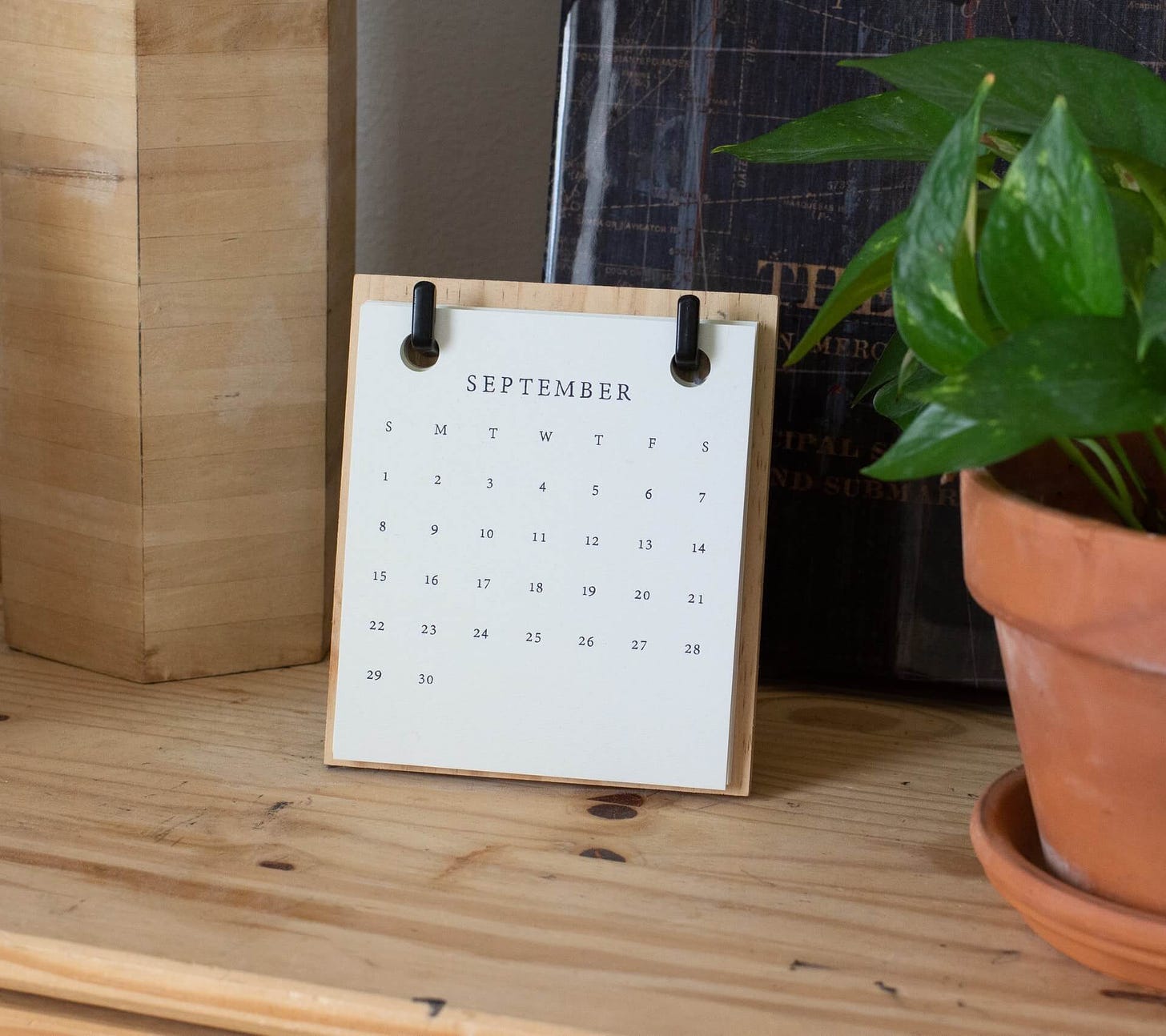 Calendário do mês de setembro sobre mesa de madeira clara, com planta de vaso no lado direito