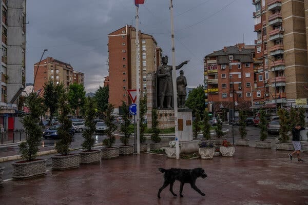 Statues in Mitrovica honor Prince Lazar, left, a Christian Serb ruler at the Battle of Kosovo in 1389 and Grigory Scherbina, right, a Russian envoy to the region.