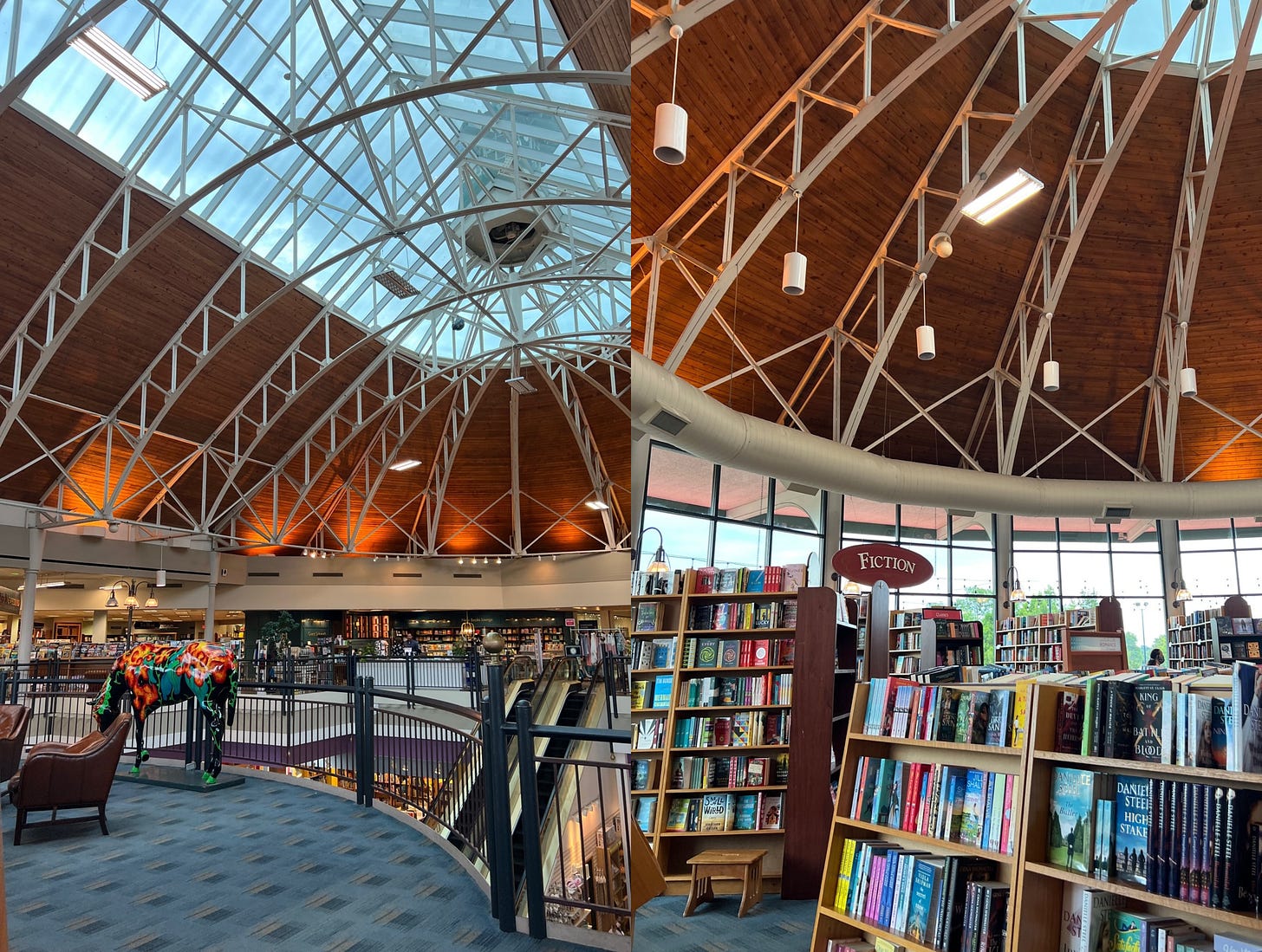 A collage of two images of Joseph Beth Booksellers. They show a large open area with skylights in the ceiling and bookshelves everywhere. 