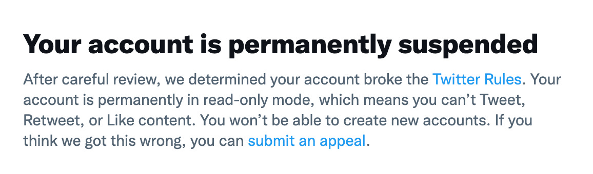 Your account is permanently suspended from Twitter