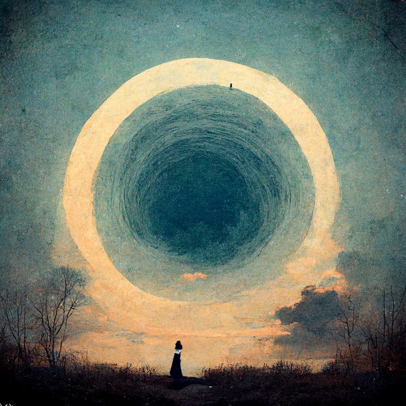 A muted cold blue sky with wispy trees to the side of the frame. A person looks up at a beige ring in the sky, filled with increasingly darker blues, like a tunnel into darker times.