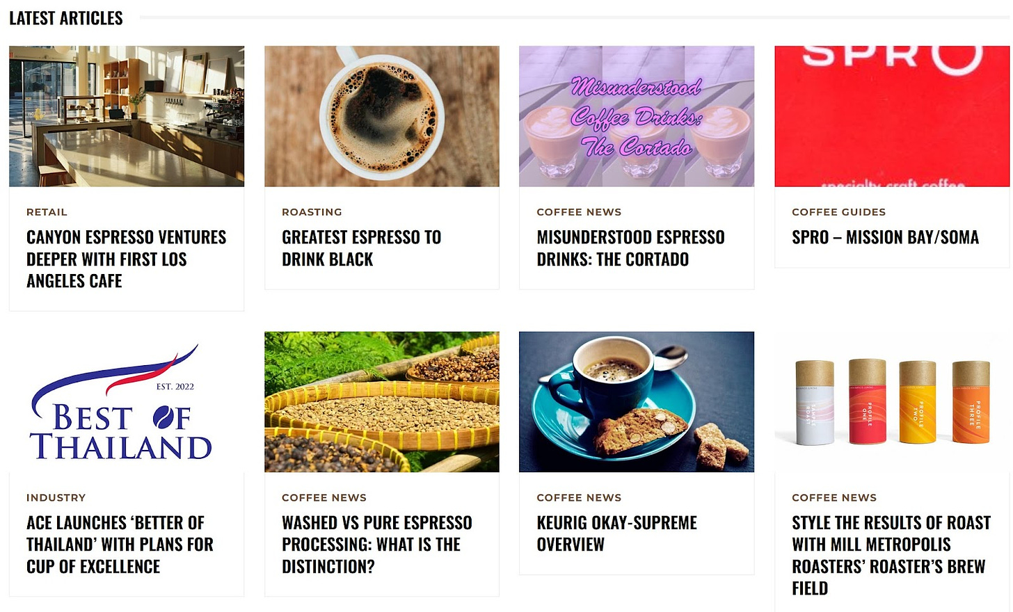 Screenshot of Latest News from Barista Speech featuring various copied articles, clockwise from top left: Daily Coffee News, Above Average Coffee, Barista Magazine, Brian’s Coffee Spot, Sprudge, HomeGrounds, HomeGrounds again, and Daily Coffee News