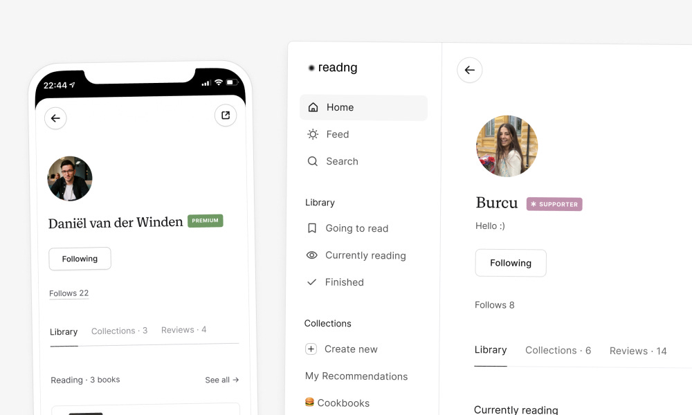 Two screenshots of readng profile pages, with the premium & supporter badges
