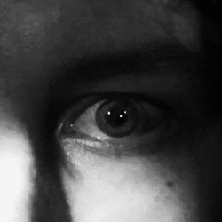 gif animado em preto e branco de um olho aberto com luz passando, intercalando com sombras.