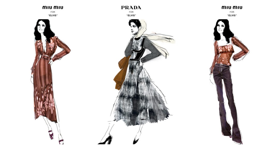 Sketches of Prada and Miu Miu looks created by Miuccia Prada in tandem with costume designer Catherine Martin for the Priscilla Presley character played by Olivia DeJonge in Baz Luhrmann’s biopic “Elvis.”