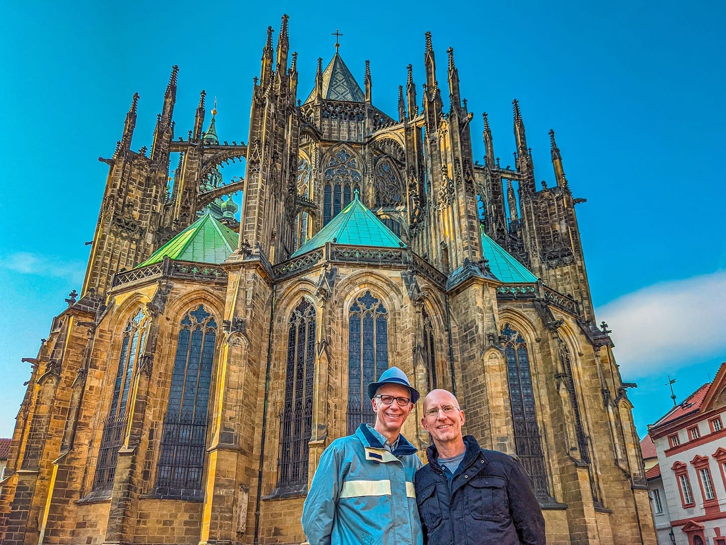 Brent and Michael standing in front of St. Vitus Cathedral in Prague. 