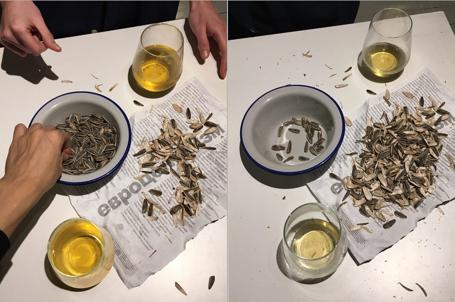 A photo of a table from above. A dish of sunflower seeds is picked at by two people's hands. Their husks are scattered across the table and on a piece of paper. Two glasses have a bright yellow liquid in them.   Then, to the right, the same scene, with fewer whole seeds and more husks. The drinks have gone down and you can't see anyone's hands. 