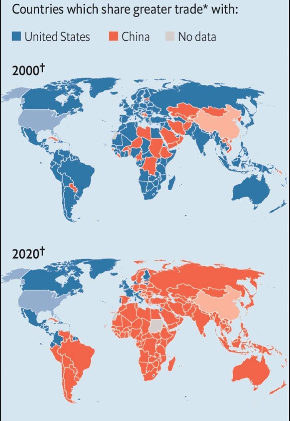 May be an image of map and text that says 'Countries which share greater trade* with: United States China No data 2000+ 2020+'