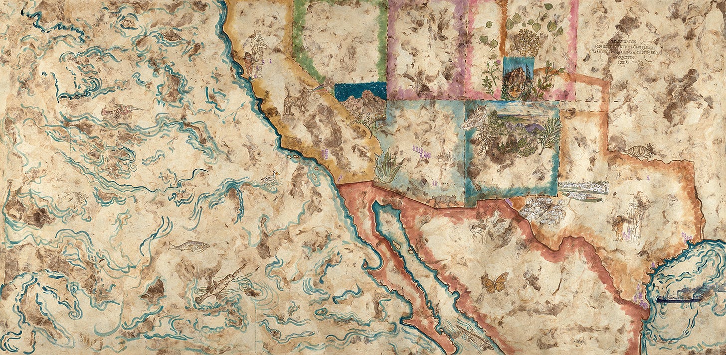 Hand painted map of the southwest US and northern Mexico