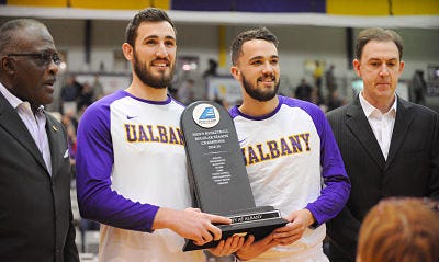 Sam Rowley with Peter Hooley as 2015 America East Champions - Courtesy University at Albany Media Relations