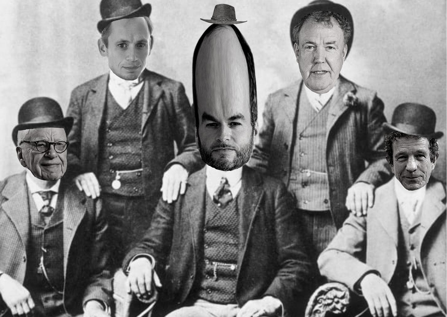 A gang of old-timey cowboys but it's Rupert Murdoch, Ross Clark, Brendan O'Neill with a huge forehead, Jeremy Clarkson, and Lord Faulks