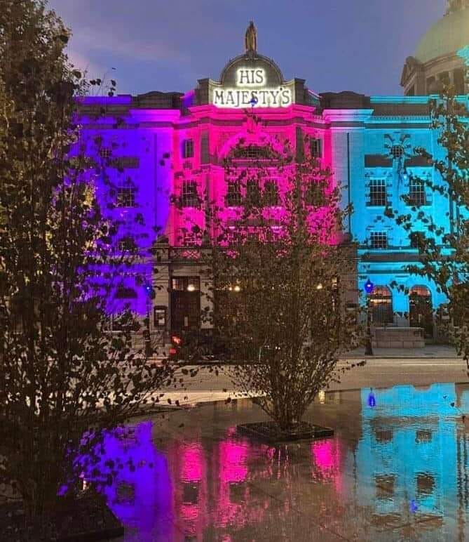 His Majesty's Theatre Aberdeen Scotland in purple pink and teal lights