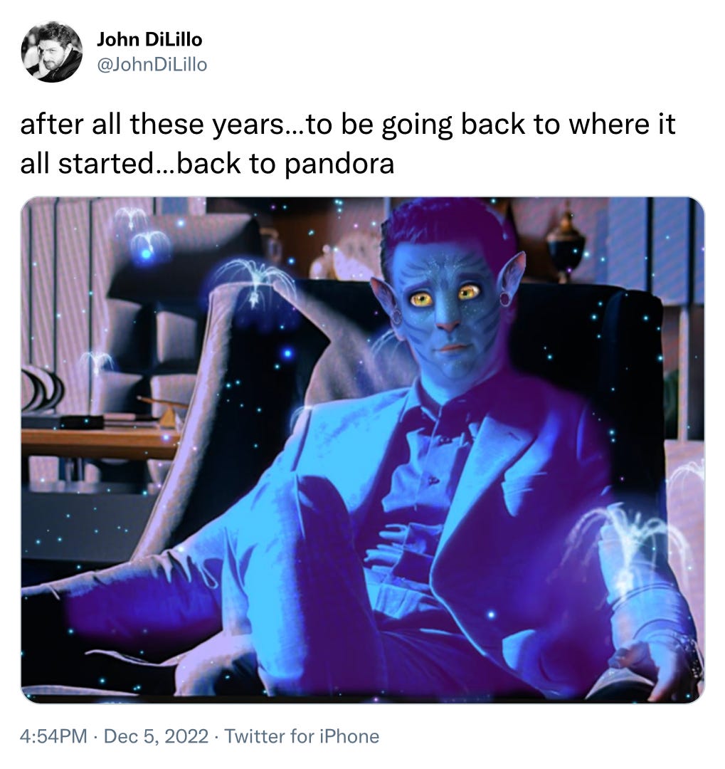Tweet from @JohnDiLillo. Image of Agent Smith as Na'vi from Matrix Resurrections. "After all these years... to be going back to where it all started... back to Pandora"