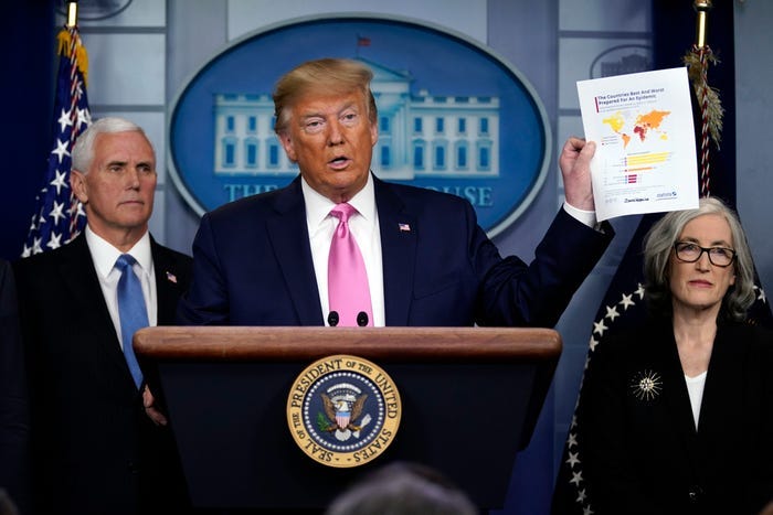 President Donald Trump, with members of the President's Coronavirus Task Force, holds a paper about countries best and least prepared to deal with a pandemic, during a news conference in the Brady Press Briefing Room of the White House, Wednesday, Feb. 26, 2020, in Washington. (AP Photo/Evan Vucci)