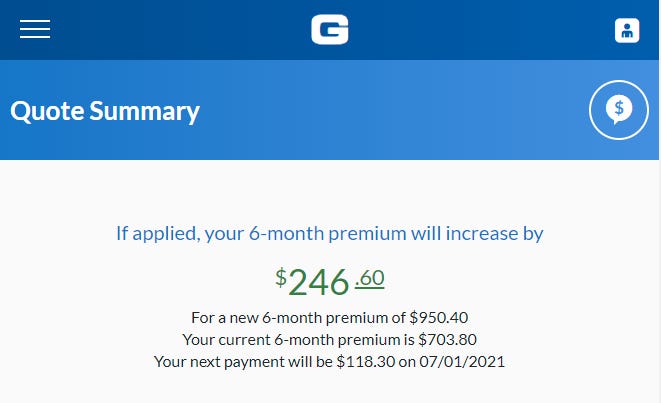 Quote summary from GEICO: $246.60 increase from $703.80 to $950.40
