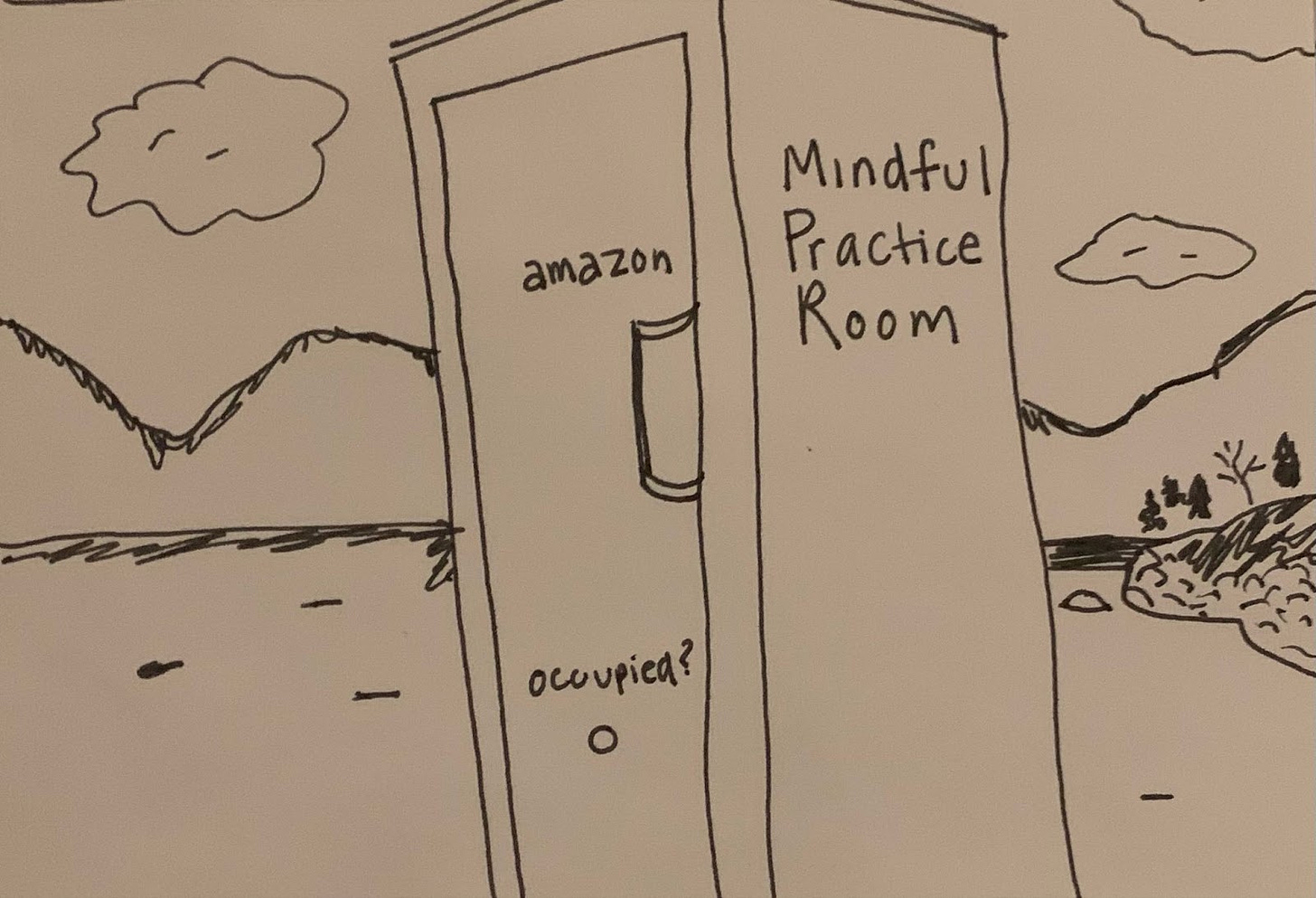 A doodle of an Amazon meditation booth in a lake