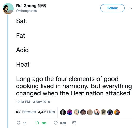 Funny tweet comparing Salt Fat Acid Heat to Avatar