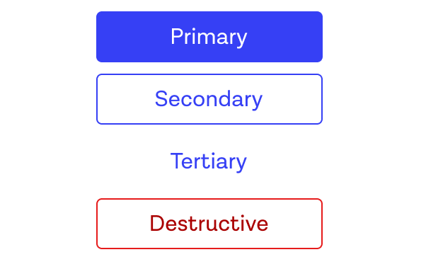 Four buttons, a primary button with white text on blue, a secondary with blue text outlined in blue, a tertiary "ghost" button with just blue text, and a red destructive button in the outlined style.