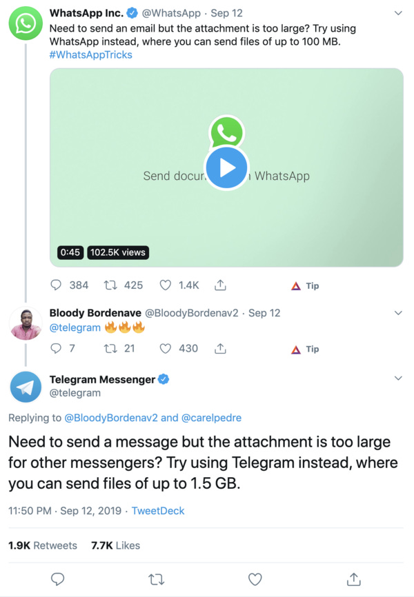 Telegram flexin' on Twitter, ruining WhatsApp