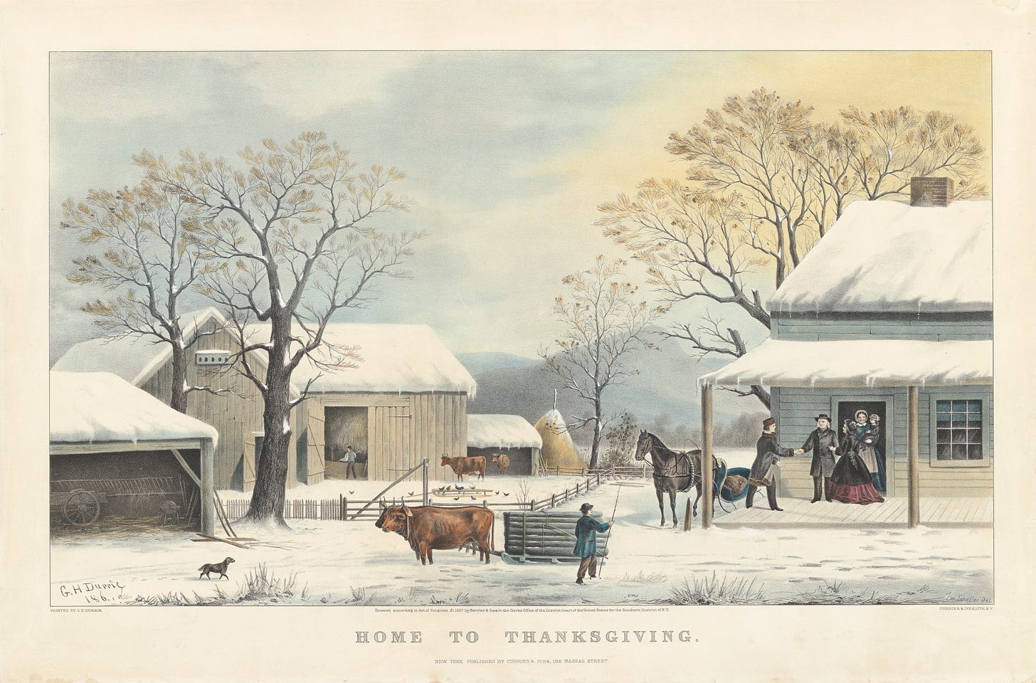 A painting of a winter scene. It's the nineteenth century and visitors are arriving at a farmhouse. There is snow everywhere, oxen pulling a sled.