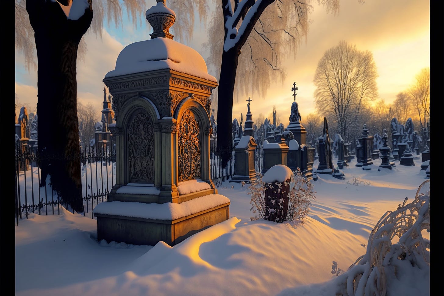 art nouveau cemetery at the golden hour, all covered in snow