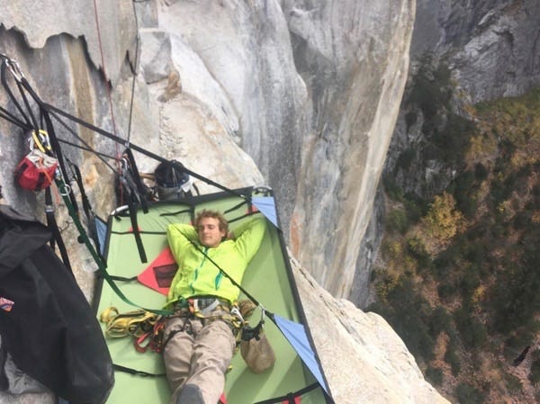 Robbie Brown on Wet Denim Daydream, Leaning Tower, during a 9-hour "party" ascent.