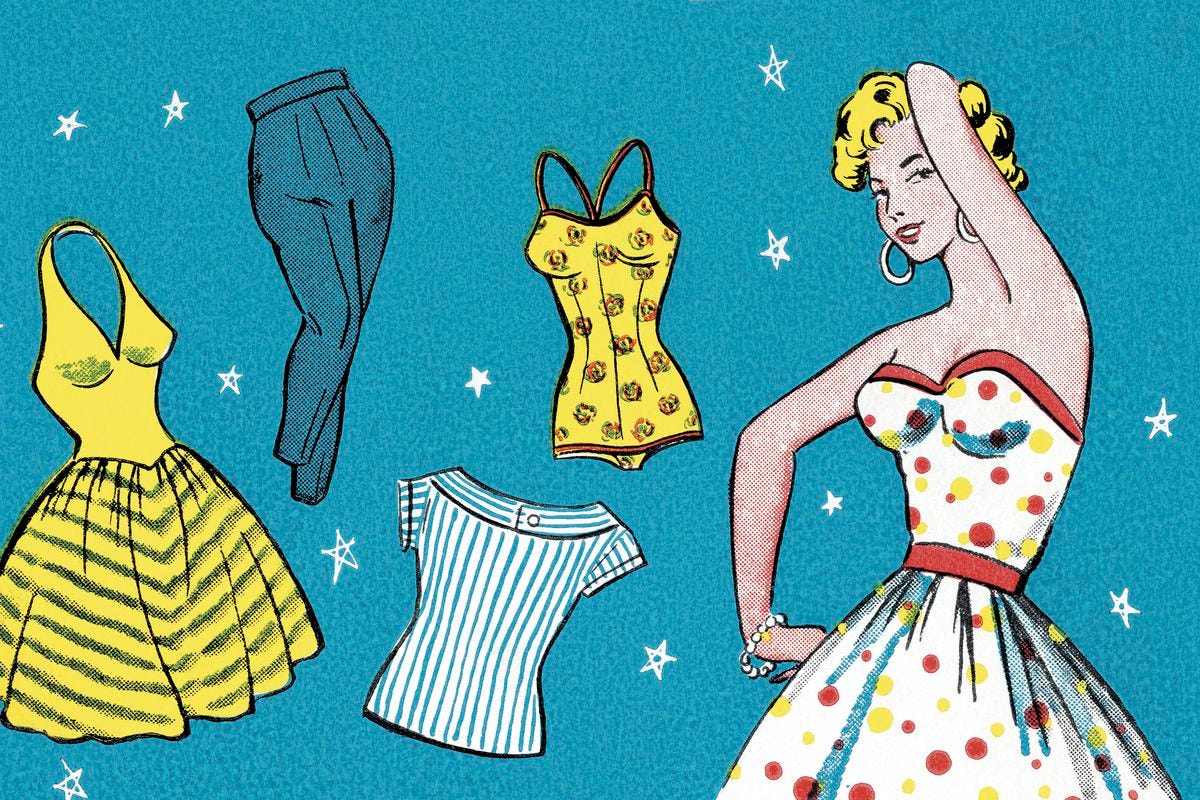 A vintage-like cartoon drawing of a woman in a strapless dress, next to various articles of clothing. 