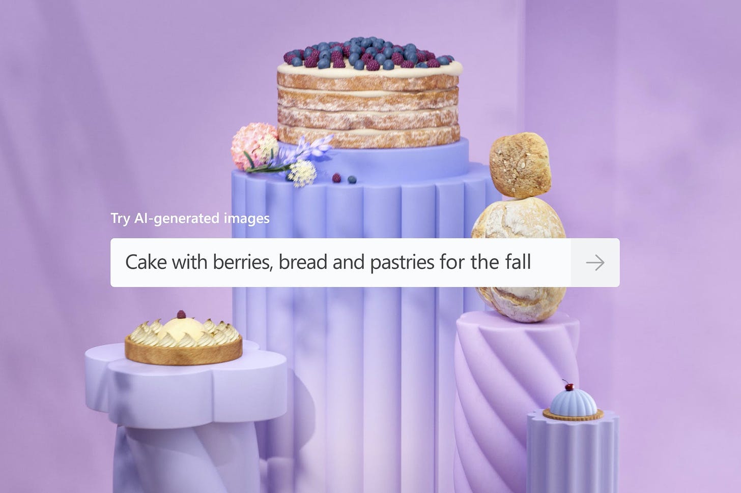 A screenshot showing a textbox with the prompt “Try AI-generate images” and the entry “Cake with berries, bread and pastries for the fall.”