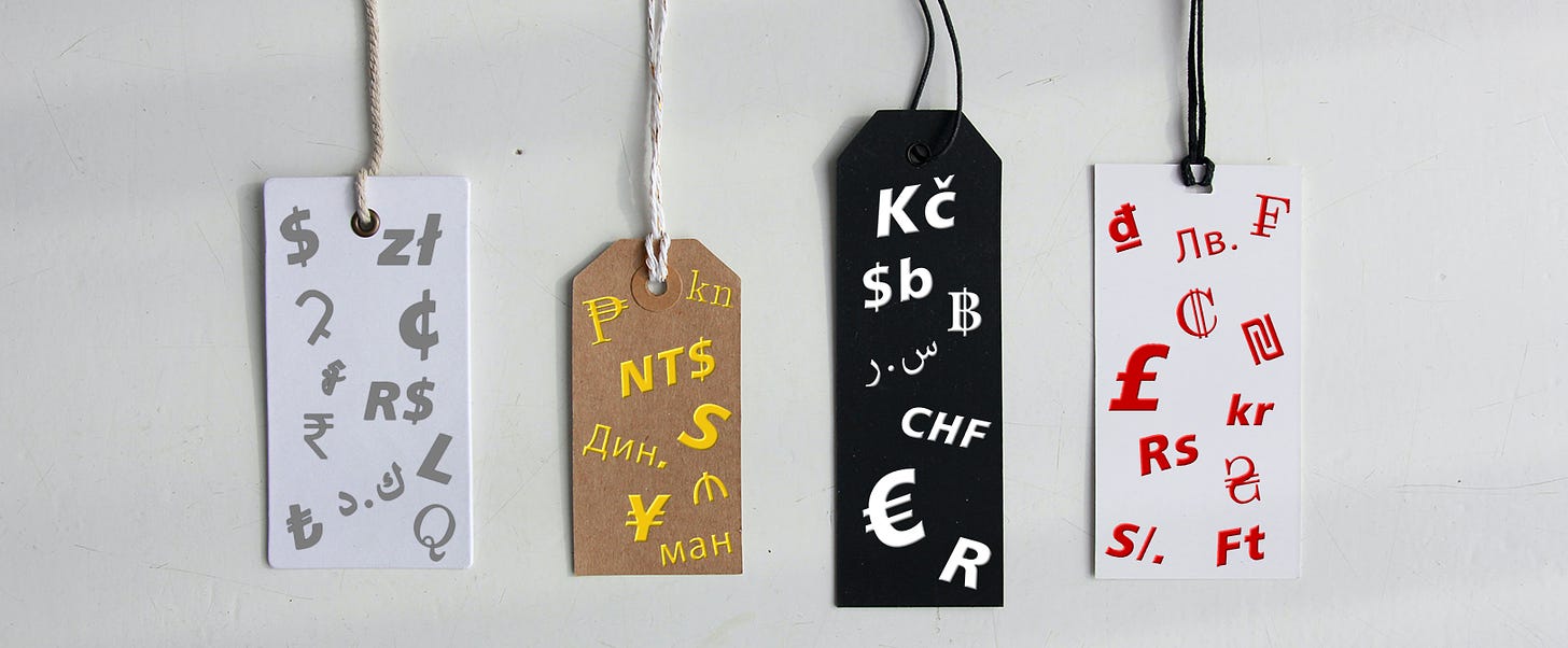 Image of various price tags depicting currency symbols from around the world.
