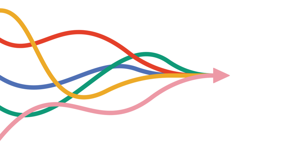 arrow formed by multiple merging colourful lines on white background. Partnership, merger, alliance and integration concept. Flat design.