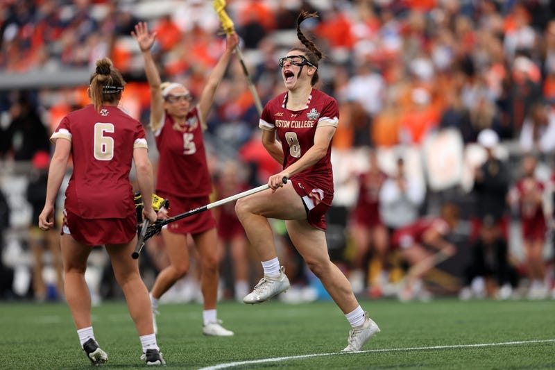 Boston College's Charlotte North celebrates scoring her 100th goal of the season during the 2021 NCAA Division I Women's Lacrosse Championship in Towson, Maryland.