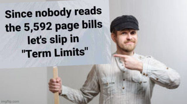 May be an image of 1 person and text that says 'Since nobody reads the 5,592 page bills let's slip in "Term Limits" mgflip.com com'