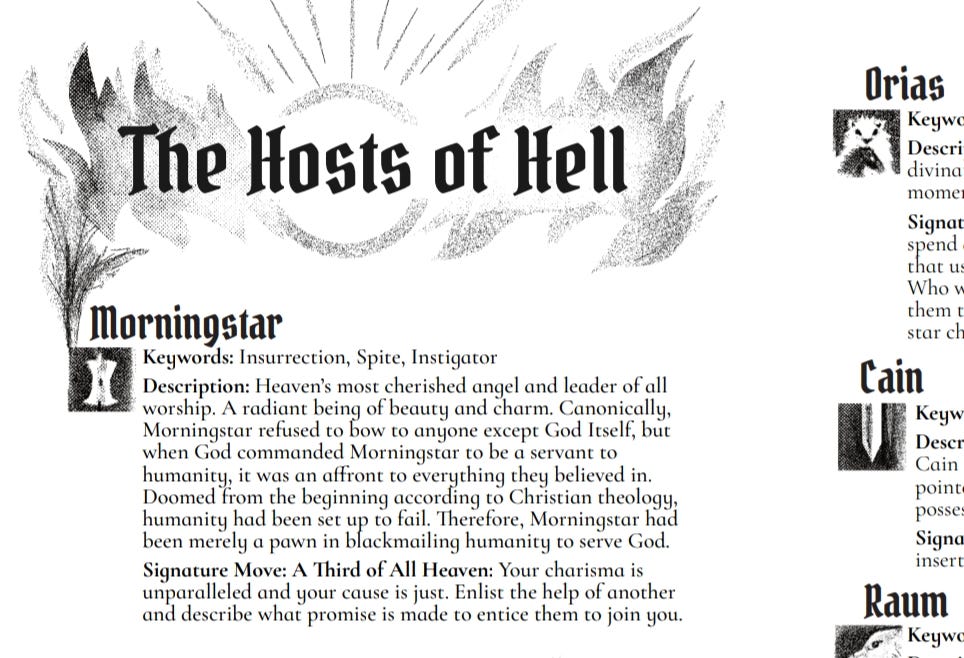 Sample layout. Page title “The Hosts of Hell” above “Morningstar” with a glyph, with some text from the game for demonstration purposes.