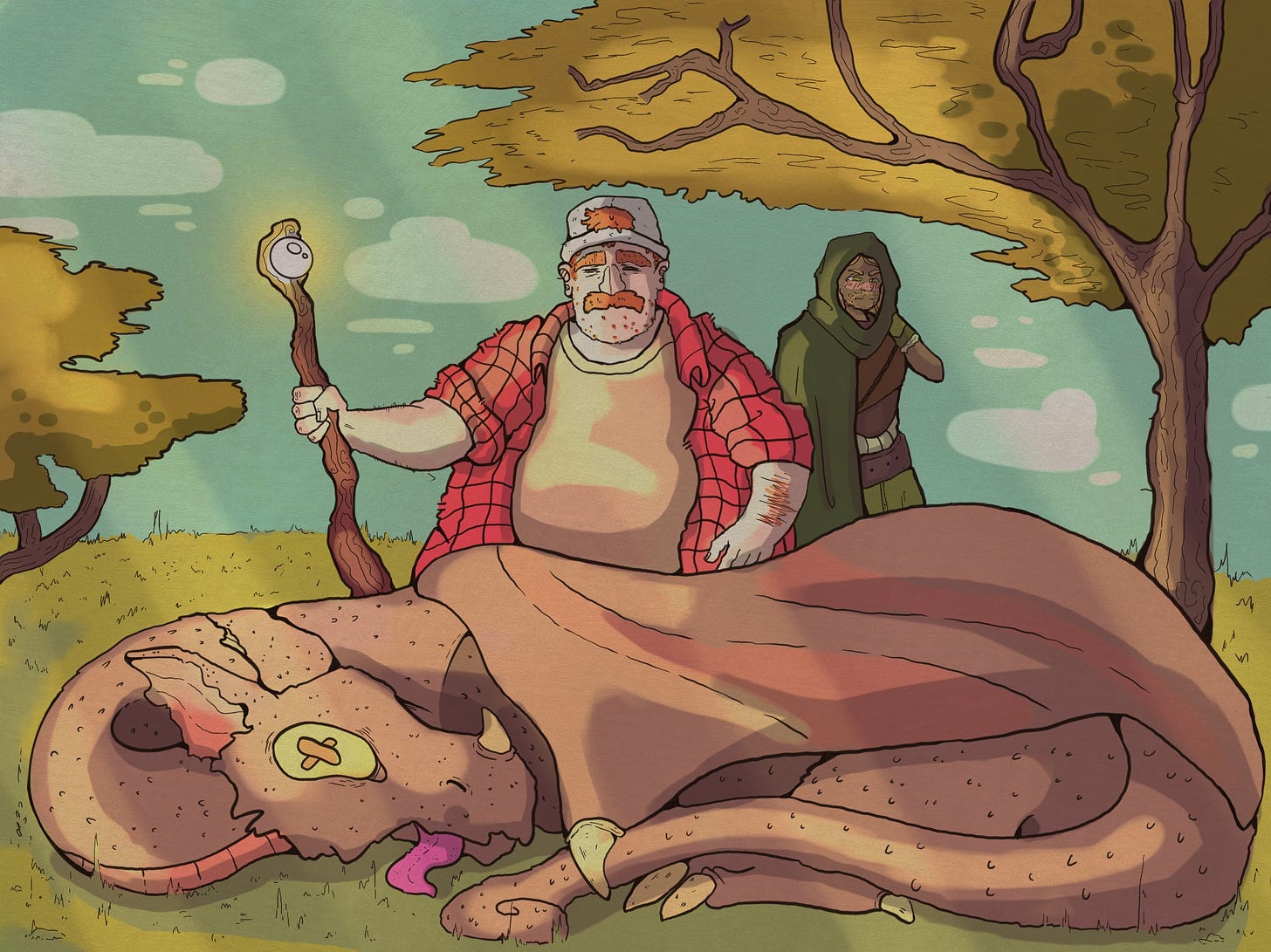 Illustration of a slobby Earth man posing with a dead dragon. The dragon's eye is a cartoony X to show that it's dead.