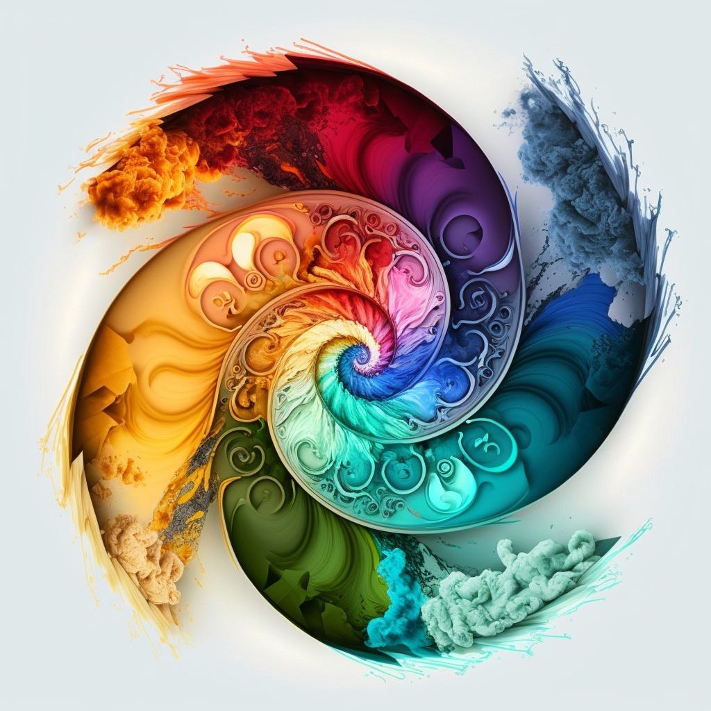 Prompt: Create a piece that captures the cyclical nature of the creative process. This might include elements such as a spiral or other circular shape that represents the ebb and flow of creativity. Use a range of colors to convey the different phases of the creative cycle, from the highs of inspiration to the lows of frustration --v 4