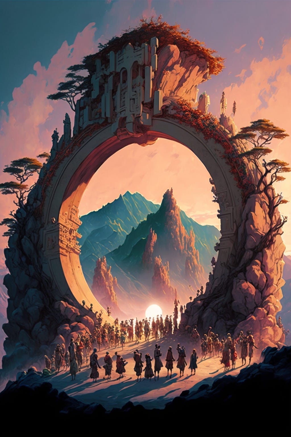pilgrims queue waiting in front of mystical floating Chinese stone city gate in the shape of a giant ring phoenix , magical mountain peaks, mediterranean coastal landscape, pinetrees, studio ghibli style, anime style, volumetric lighting, atmospheric cinematic scenery, festive atmosphere, spirited away