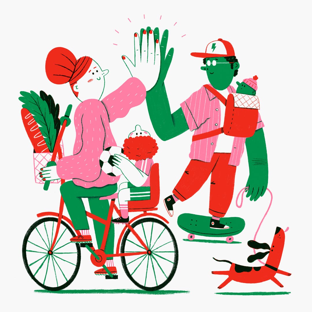 A woman riding a bike with a child in the back, heading to football practice, high fives a man who is walking the dog while wearing a baby on his front.