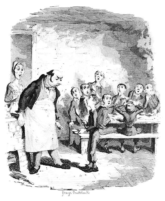 An etching of the famous scene where Oliver Twist has the audacity to ask for more.