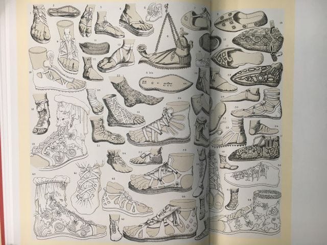 Plate of Roman footwear from Racinet's Complete Costume History 