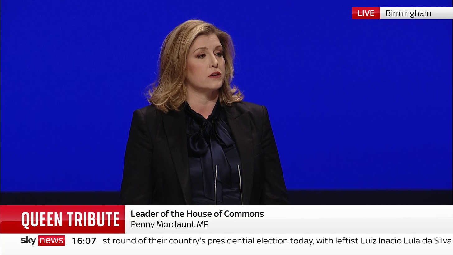 Sky News on Twitter: ""She saw us through change and challenge,  constitutional crisis, conflict, COVID". Commons Leader Penny Mordaunt has  paid tribute to the Queen at the Conservative Party conference in  Birmingham.