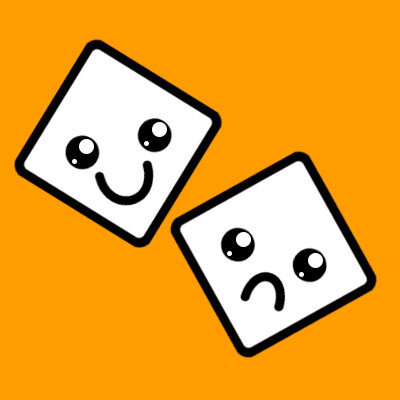Podcast artwork of two dice, one with a happy face, one with a sad face.