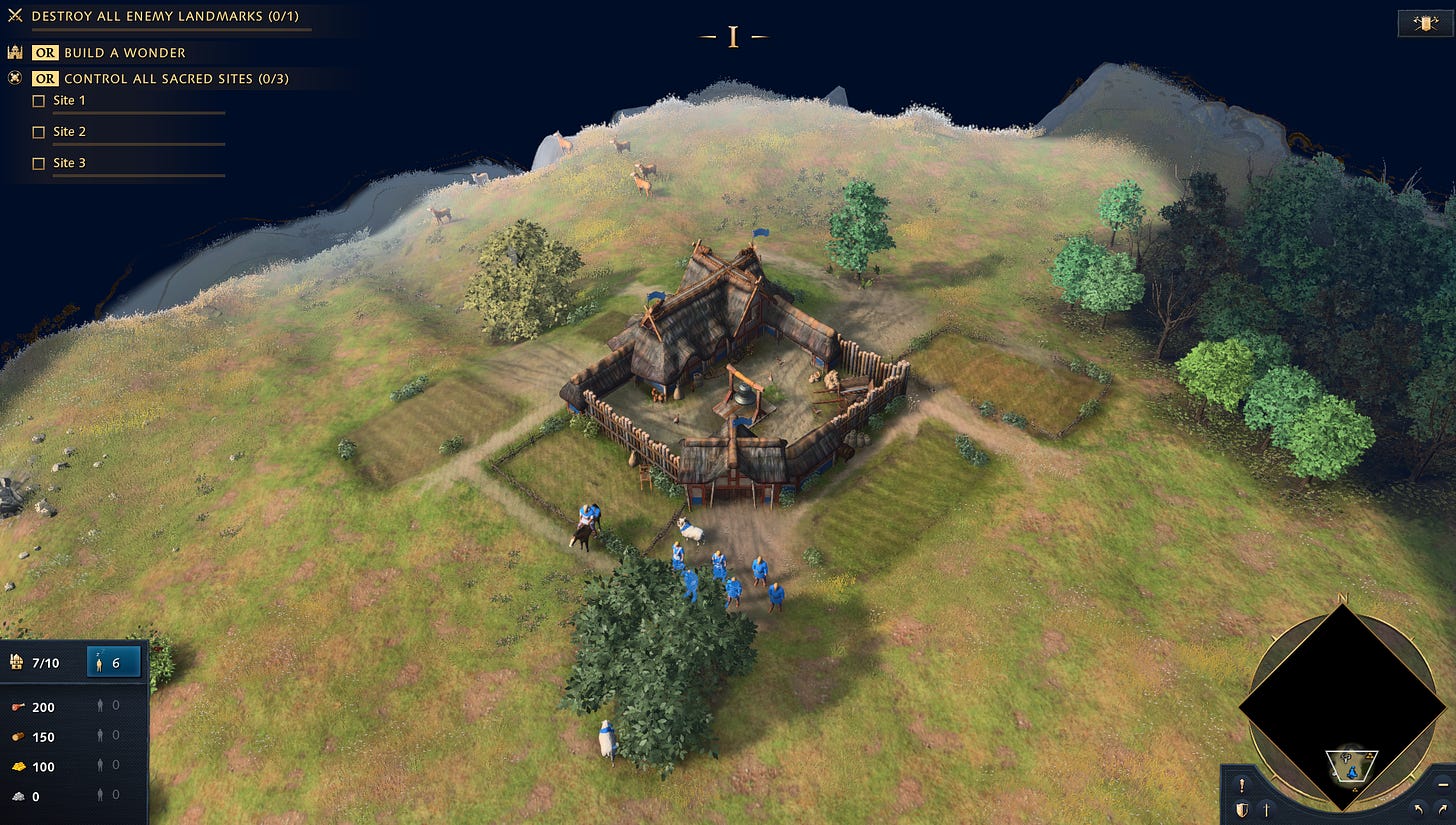 A screenshot of Age of Empires IV. Pictures is a horse-mounted scout, two sheep, six villagers, a town center, some trees, and a herd of deer.