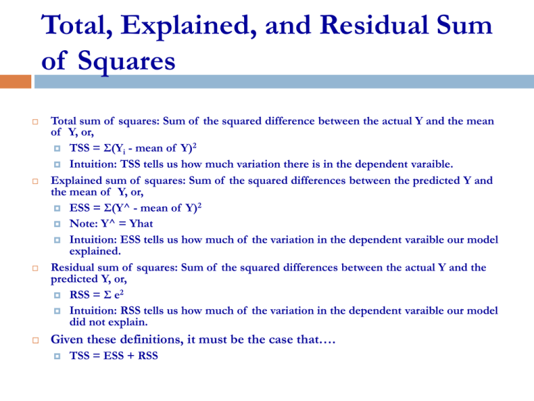 Residual Standard error, total sum, and what it means for the underlying model, and their formulas.